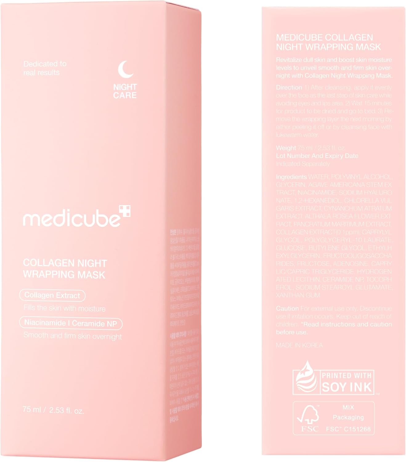 Maschera viso Medicube Collagen Night Wrapping Mask, confezione con crema per il trattamento notturno e il miglioramento della pelle
