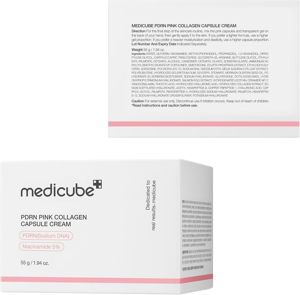 Crema viso Medicube PDRN Pink Collagen con capsule, trattamento idratante e rassodante per la pelle del viso.