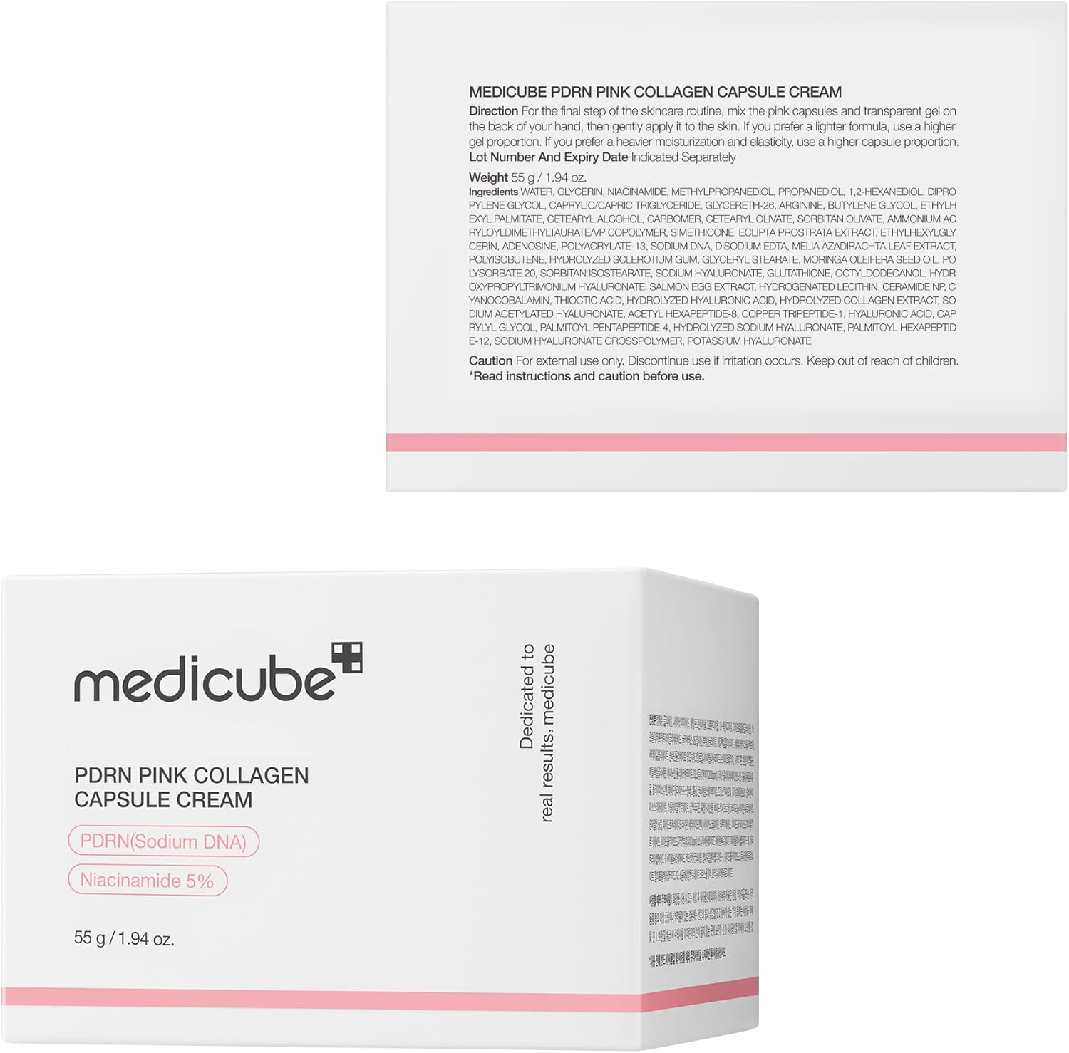 Crema viso Medicube PDRN Pink Collagen con capsule, trattamento idratante e rassodante per la pelle del viso.
