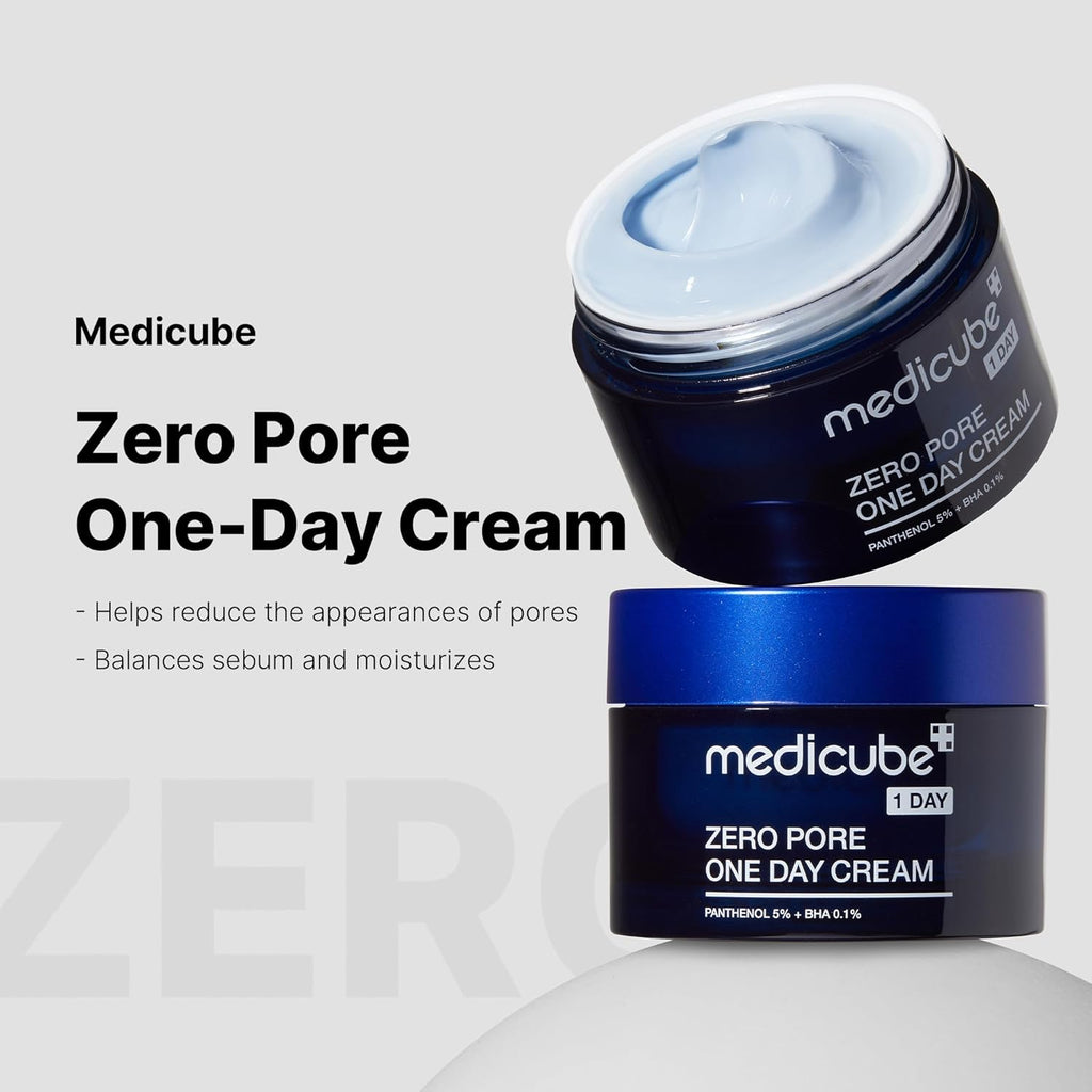 Crema viso Medicube Zero Pore One Day Cream, idratante e levigante con texture leggera, visibile in un contenitore bianco.