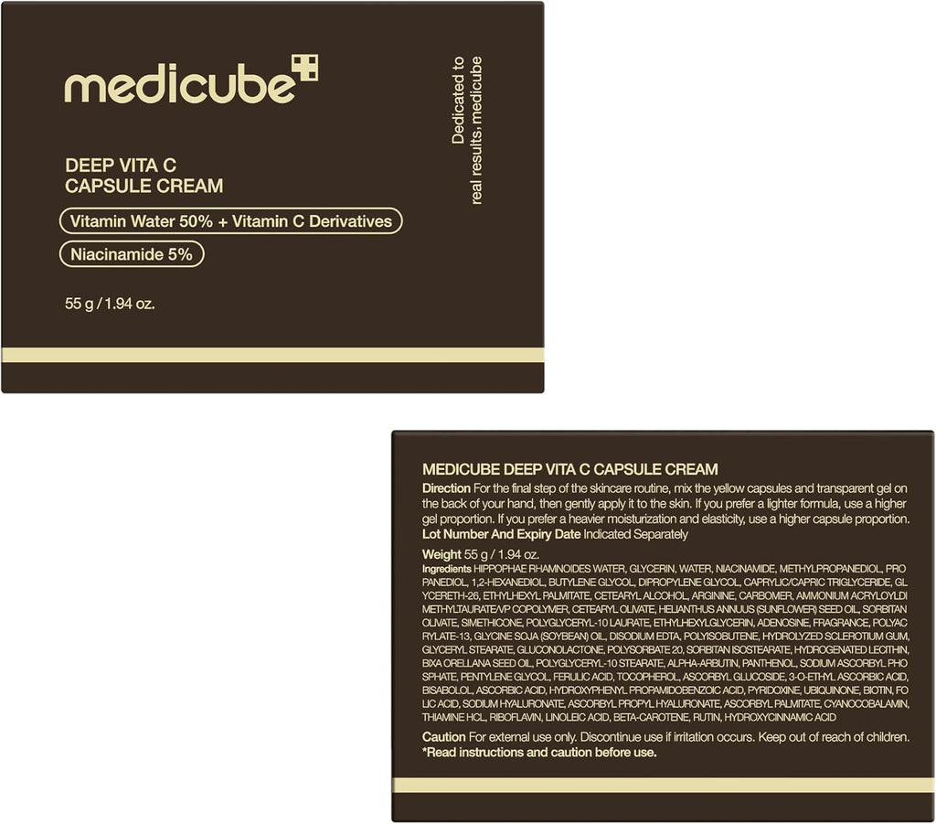 Crema viso Medicube Deep Vita C Capsule, crema idratante e illuminante con capsule di vitamina C, formato compatto e pratico.