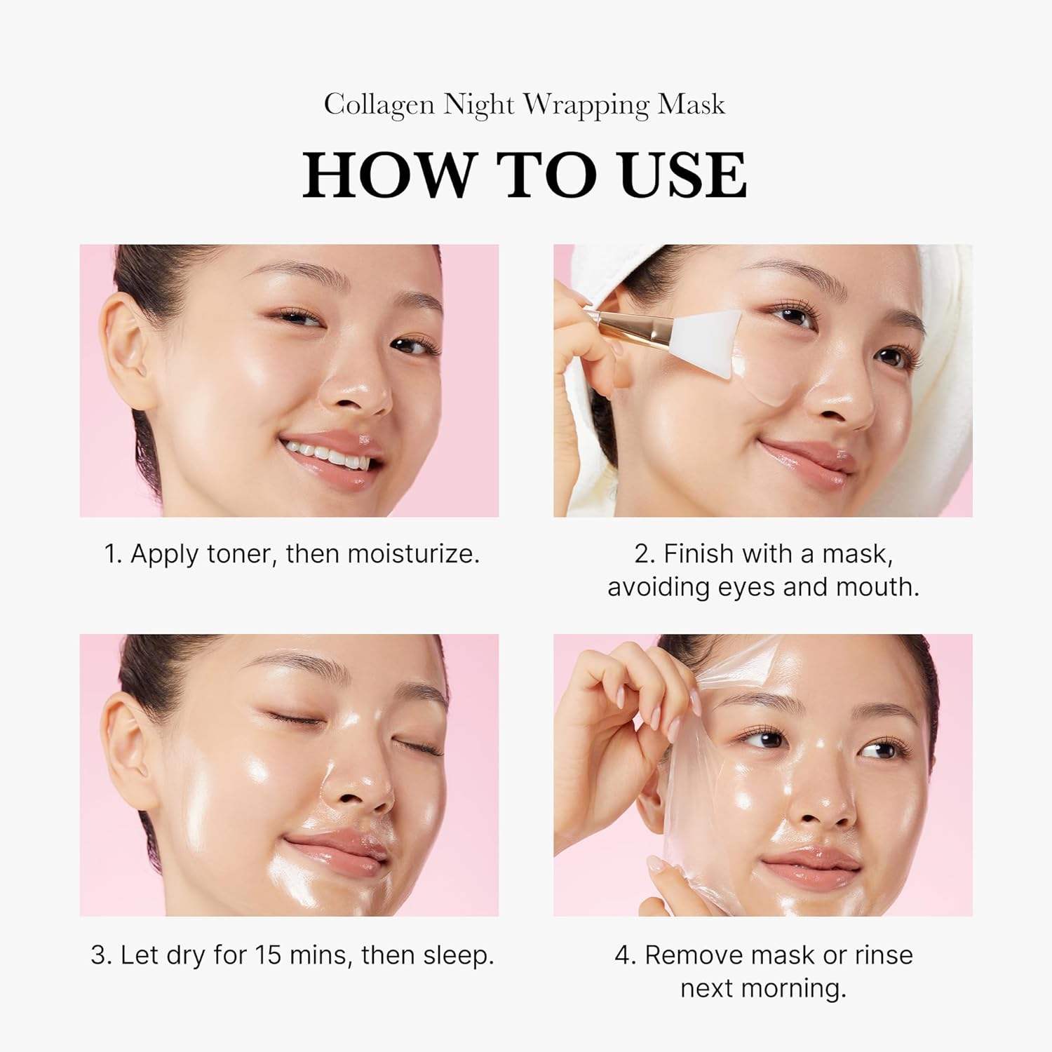 Maschera viso Collagen Night Wrapping Mask di Medicube, applicata sul volto, idratante e nutriente per la pelle notturna.