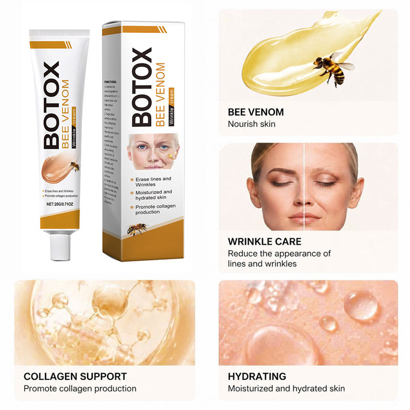 Crema viso anti-età Ouhoe Bee Venom effetto Botox, idratante e rassodante, sulla pelle del viso.