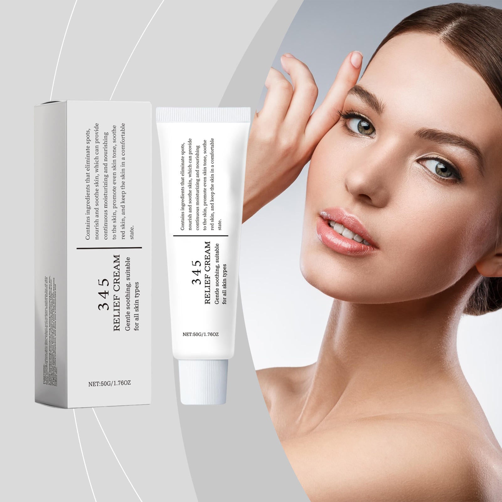 Crema viso lenitiva e idratante di skincare coreana vegana, confezione con crema MG store, texture liscia e delicata