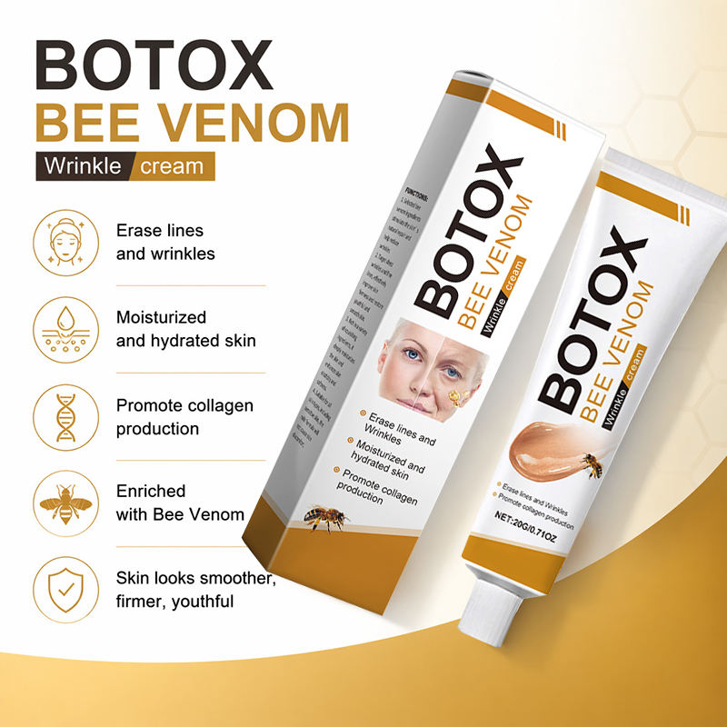 Crema viso anti-età Ouhoe Bee Venom Effetto Botox di MG store, crema rassodante con veleno d'ape, applicata su viso.