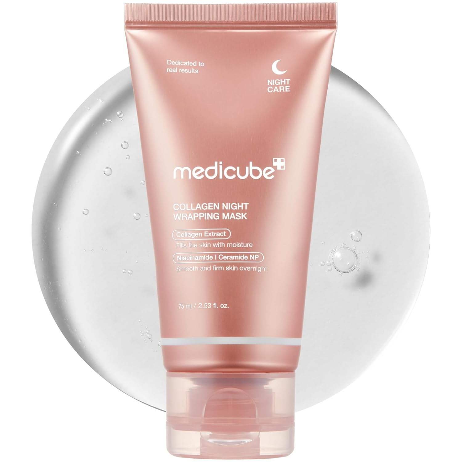 Maschera viso Collagen Night Wrapping Mask di Medicube con formula idratante e nutriente, applicata su viso.