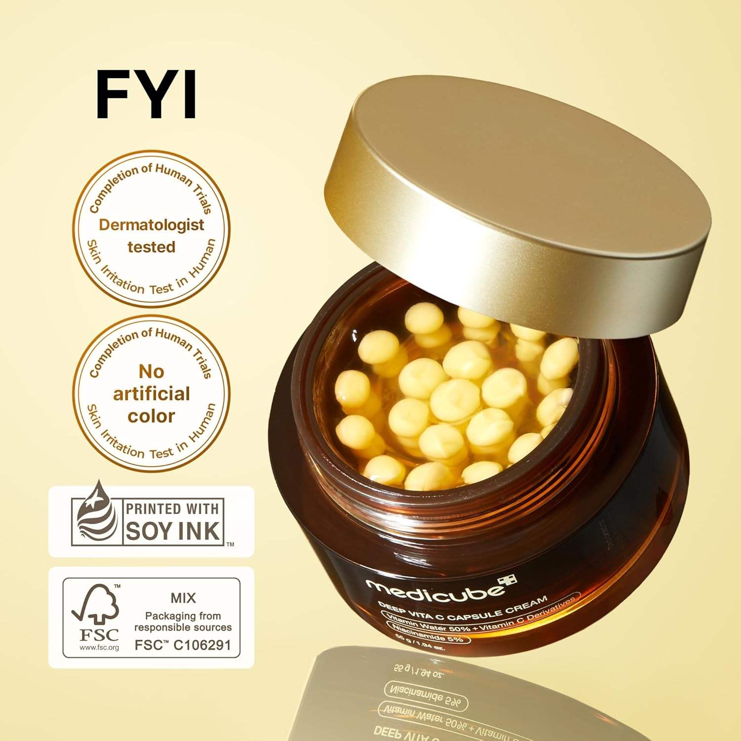 Crema viso Medicube Deep Vita C Capsule Cream con confezione di capsule arancioni e tubo bianco, ideale per la cura della pelle.