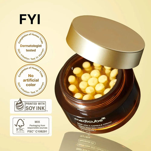 Crema viso Medicube Deep Vita C Capsule con applicatore, formula ricca di vitamina C per una pelle luminosa e idratata.