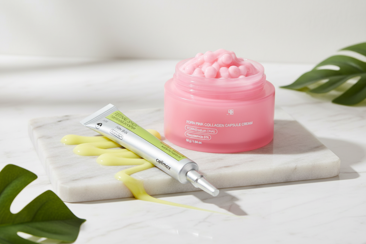 Set di skincare Routine Glow Completa con prodotti Celimax e Medicube, crema e sieri per una pelle radiosa e idratata.